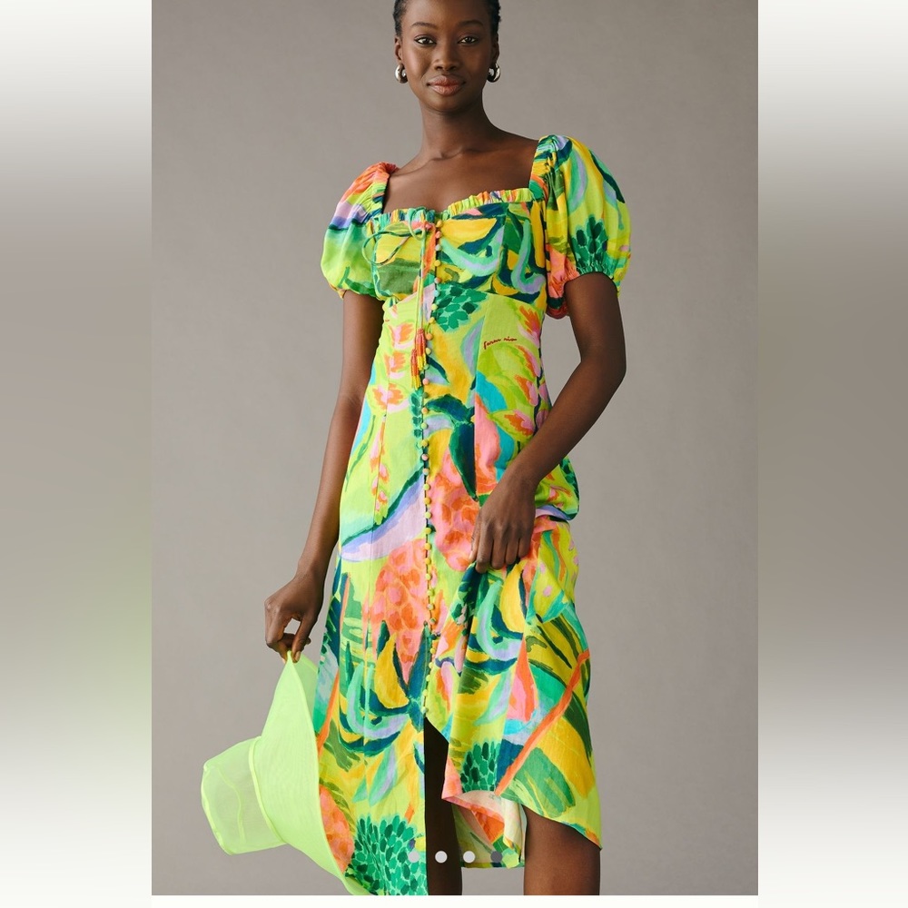 Anthropologie Plus + Farm Rio Printed Puff Sleeve Dress, NWT 1X Tropical Floral